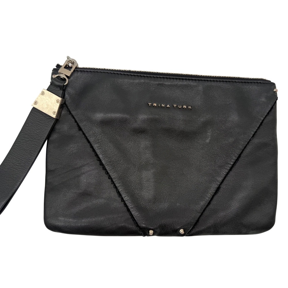 Trina Turk Black Leather Wristlet Clutch Bag‎ Gold Tone Hardware Geometric Seams